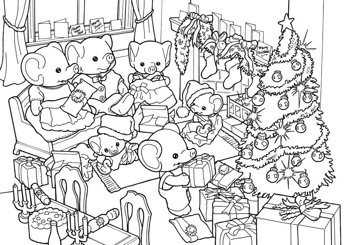 Desenho de Natal das Sylvanian Families para Colorir