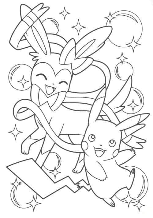 Desenho de Sylveon e Pikachu para Colorir