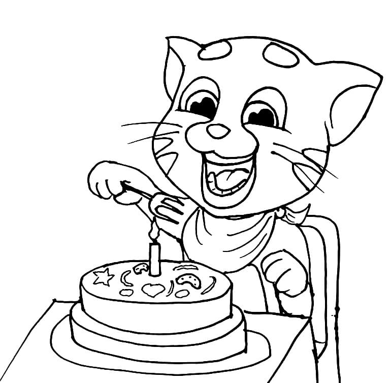 Desenho de Talking Tom Comendo Bolo de Aniversário para Colorir Download