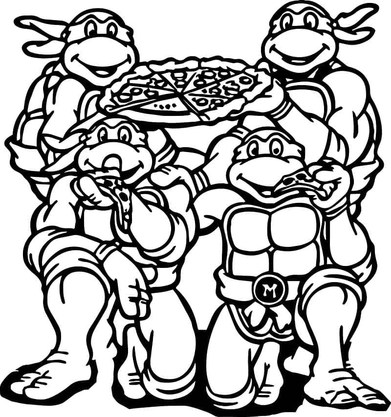Desenho de Tartarugas Ninja e Pizza para Colorir