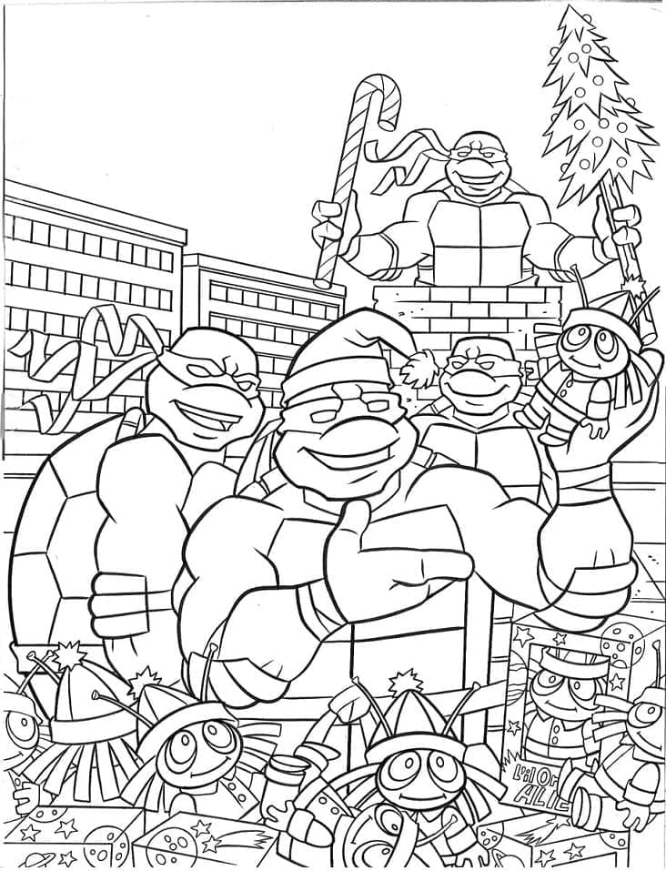 Desenho de Tartarugas Ninja no Natal para Colorir
