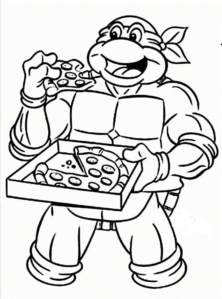Desenho de Tartaruga Ninja Comendo Deliciosa Pizza para Colorir