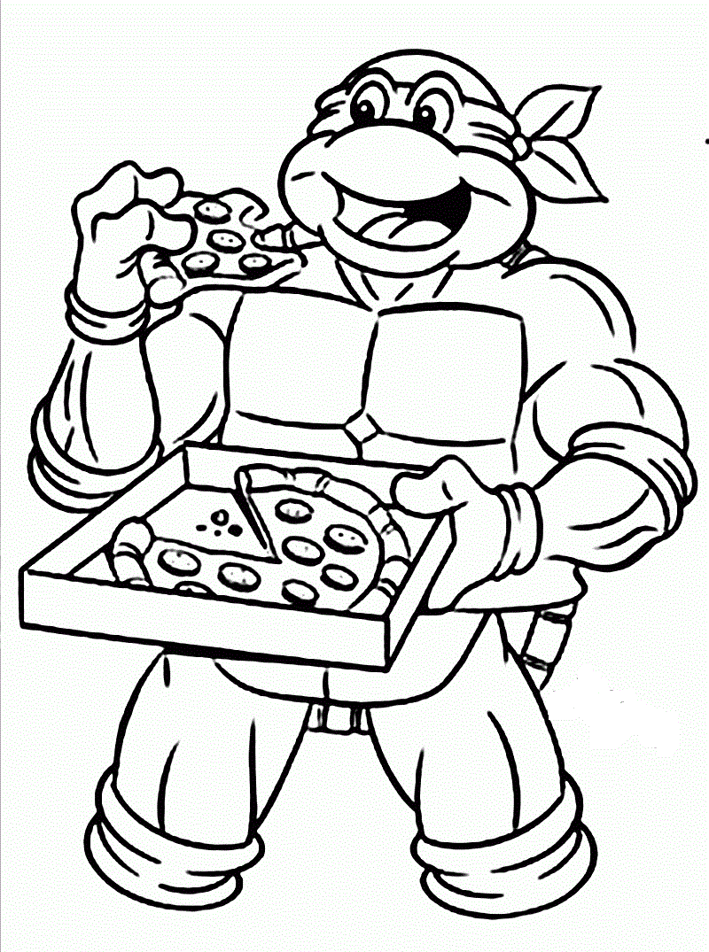 Desenho de Tartaruga Ninja Comendo Deliciosa Pizza para Colorir
