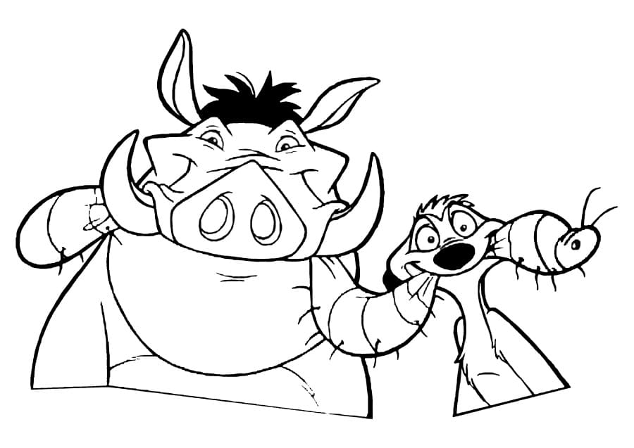 Desenho de Timão e Pumba Comem Minhoca para Colorir