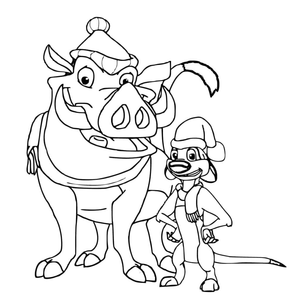 Desenho de Timão e Pumba no Inverno para Colorir