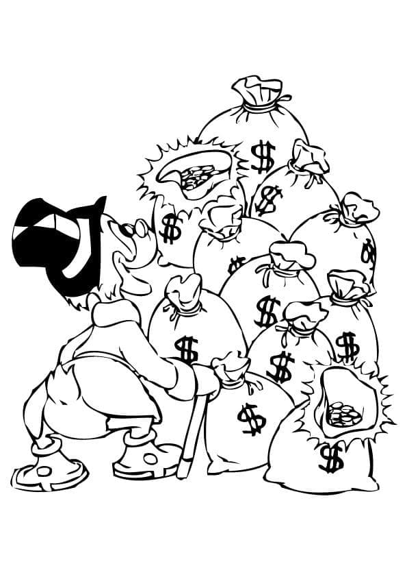 Desenho de Tio Patinhas com Sacos de Dinheiro para Colorir