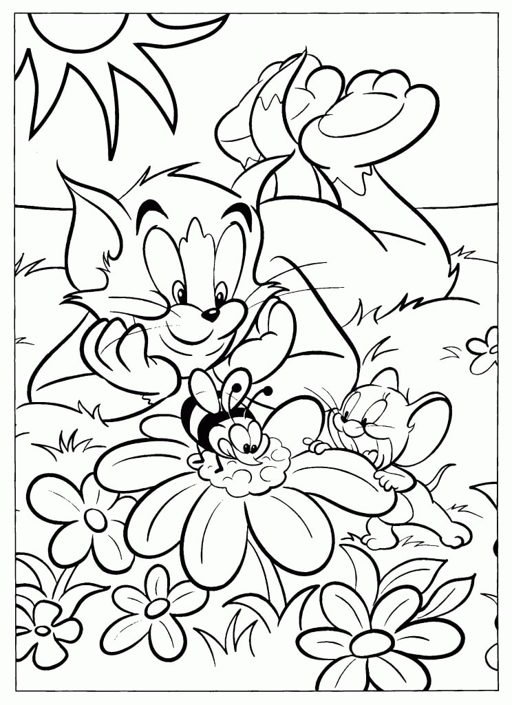Desenho de Tom e Jerry Brincando no Jardim para Colorir e Imprimir Grátis