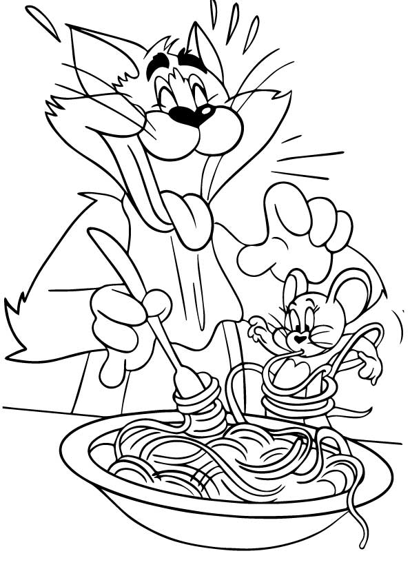 Desenho de Tom e Jerry Comendo Macarrão Pdf para Colorir