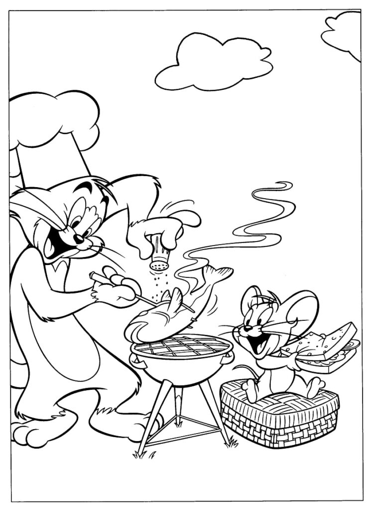 Desenho de Tom e Jerry em Dia de Churrasco para Pintar Pdf Grátis