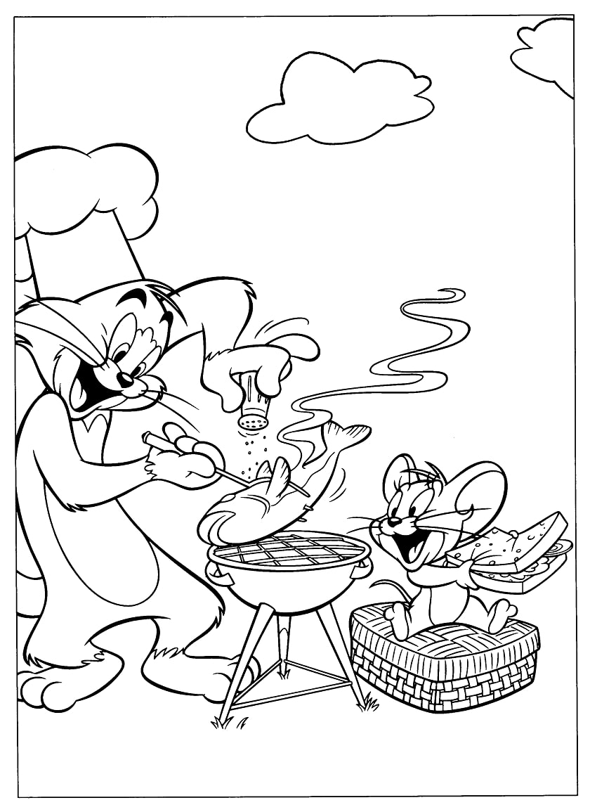 Desenho de Tom e Jerry em Dia de Churrasco para Pintar Pdf Grátis