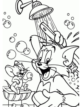 Desenho de Tom e Jerry Tomando Banho Imprimível para Colorir