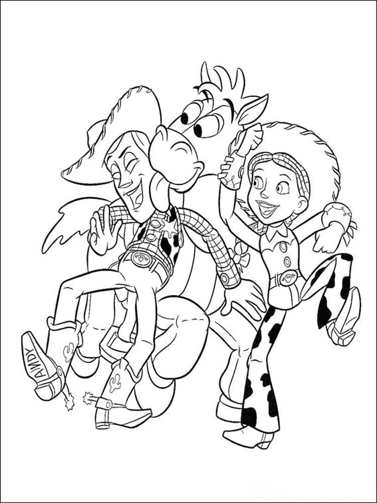Desenho de Woody Bullseye e Jessie Toy Story para Colorir