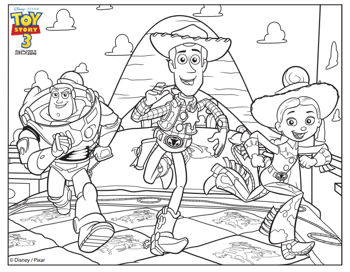 Desenho Imprimivel de Buzz Woody Jessie A4 para Colorir Grátis