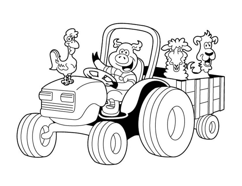 Desenho de Animais em um Trator para Colorir