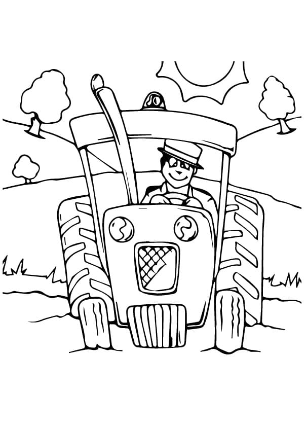 Desenho de um Fazendeiro em um Trator para Colorir