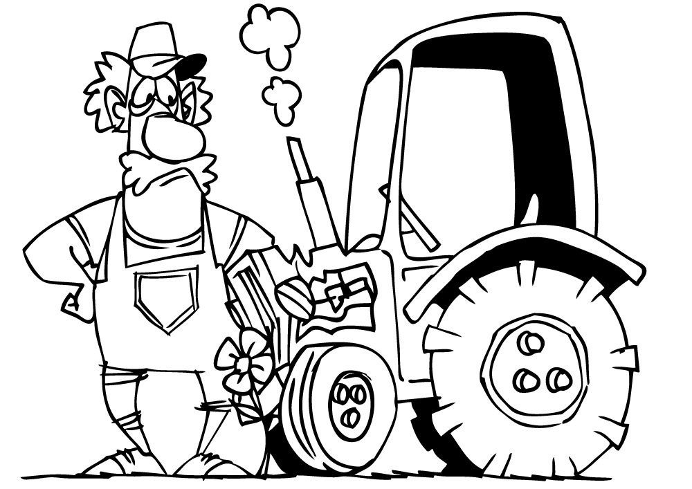 Desenho de Fazendeiro Consertando Trator para Pintar Grátis