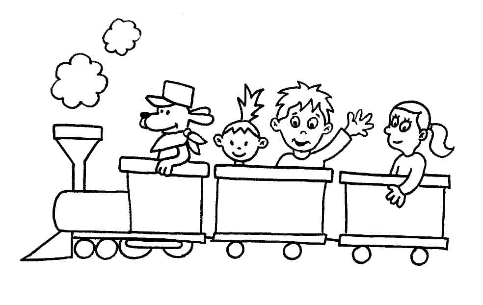 Desenho de Crianças e Trem para Colorir