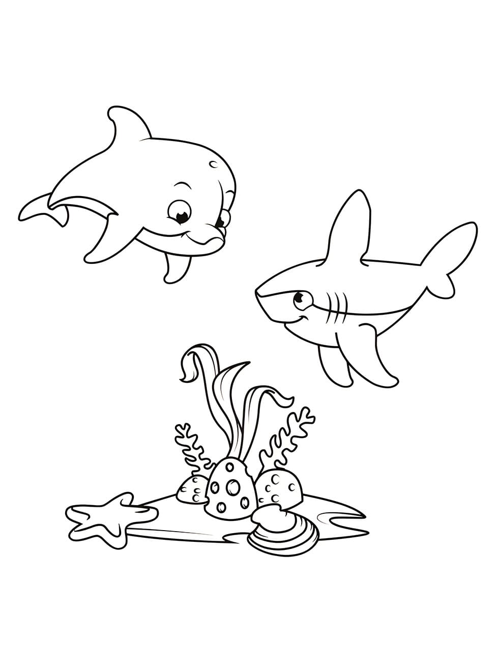 Desenho de Golfinho e Tubarão para Colorir