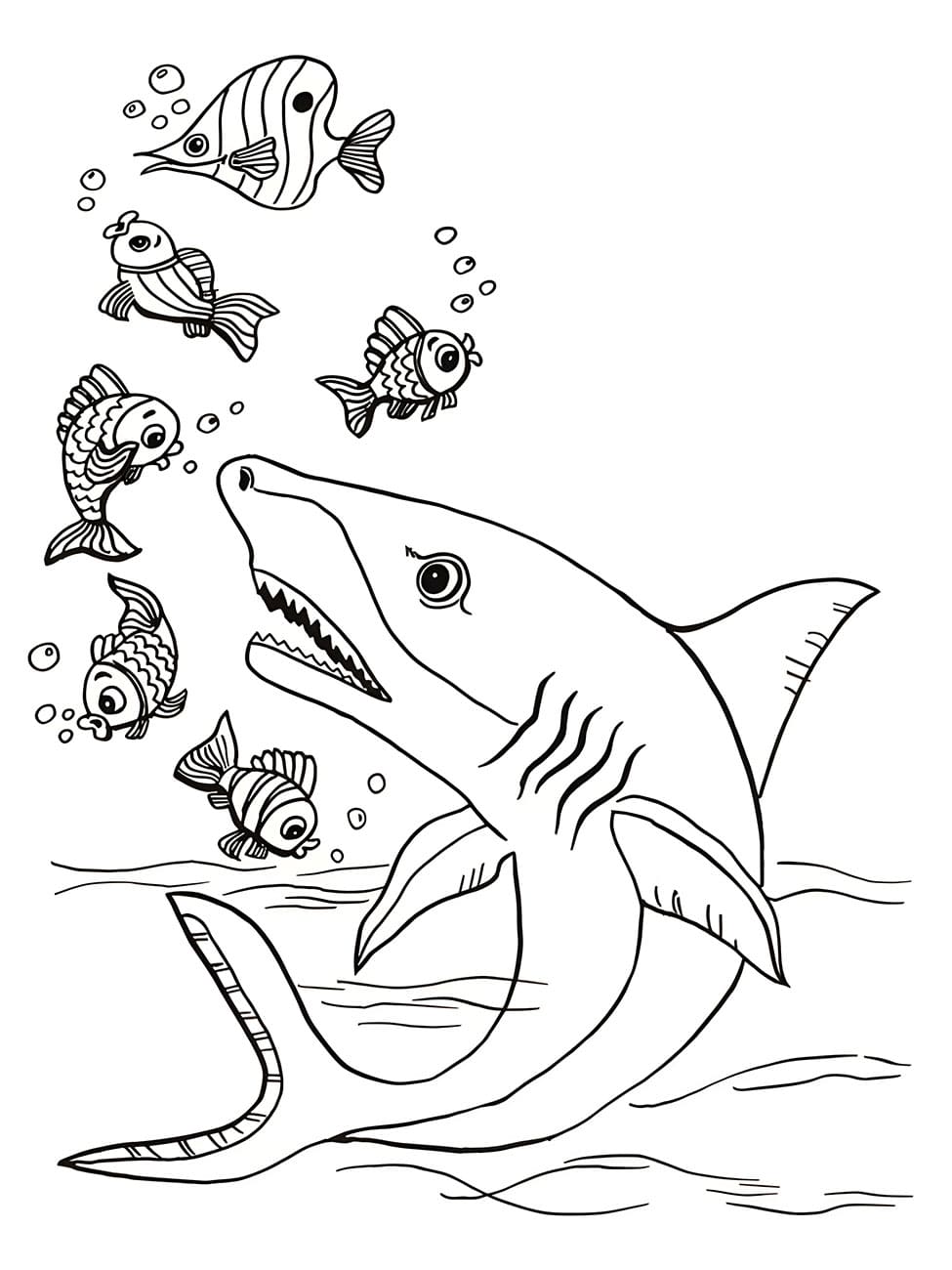 Desenho de Tubarão com Peixes para Colorir