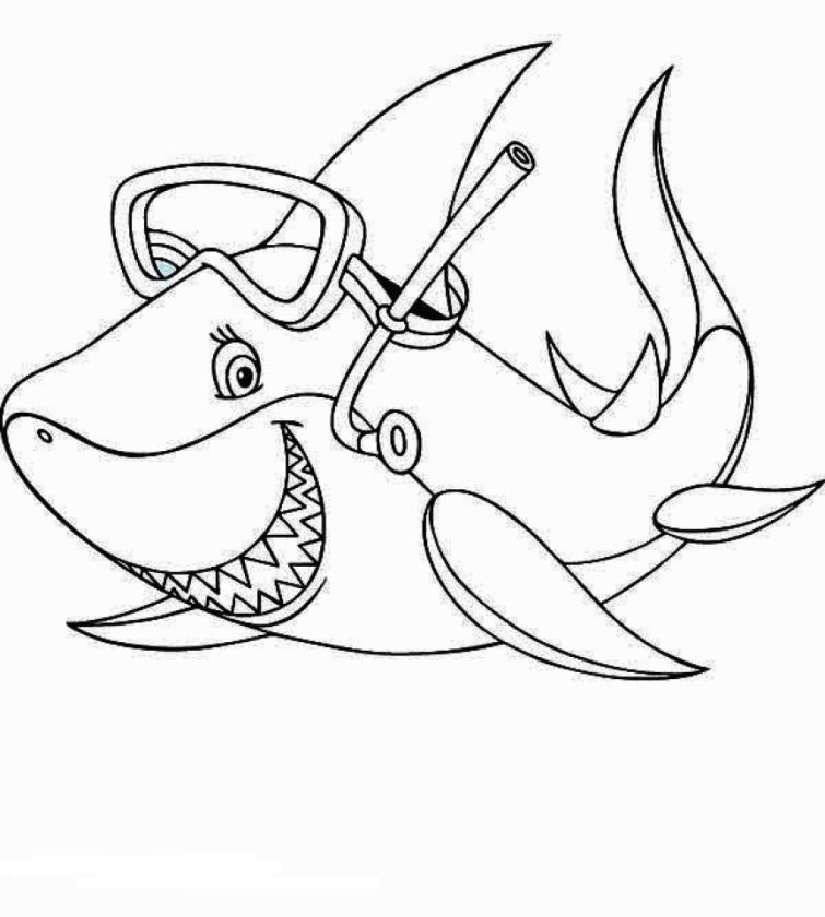 Desenho de Tubarão com Óculos de Mergulho para Colorir Grátis