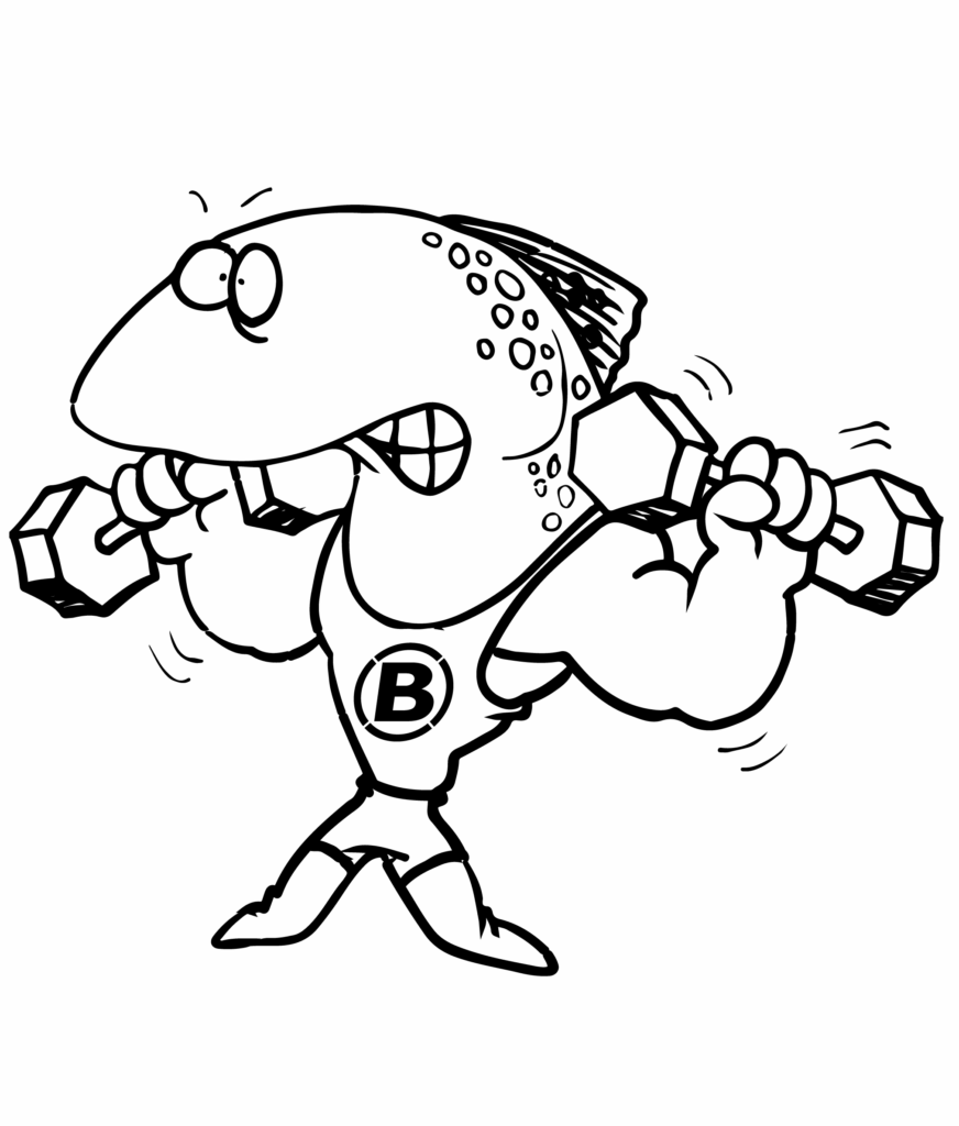 Desenho de Tubarão na Academia Treinando para Imprimir e Colorir
