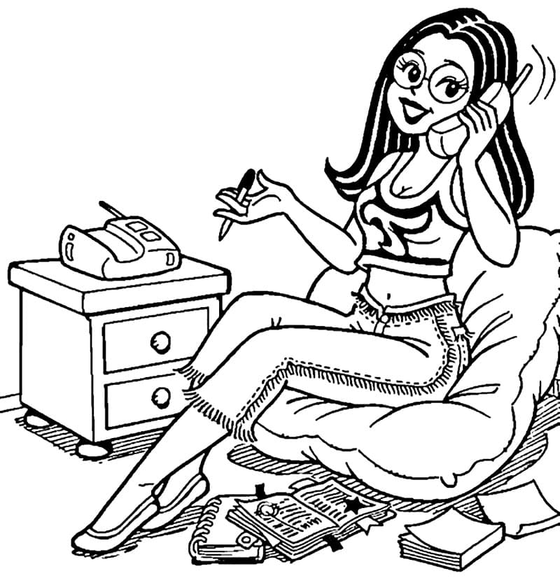 Desenho Monica Jovem Falando ao Telefone para Colorir