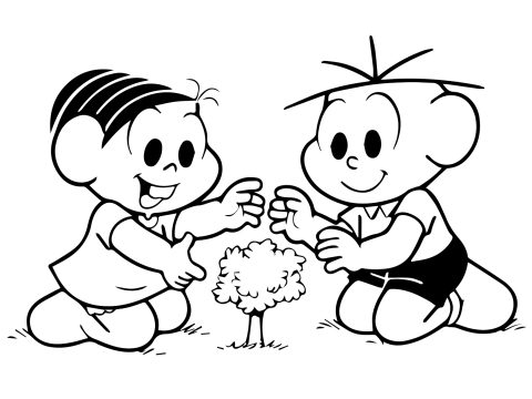 Desenhos de Mônica e Cebolinha Plantando árvore para Colorir
