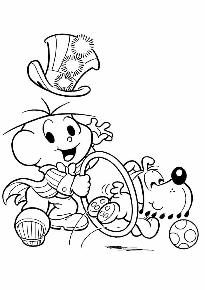 Desenho de Cebolinha Brincando com Bidu para Colorir