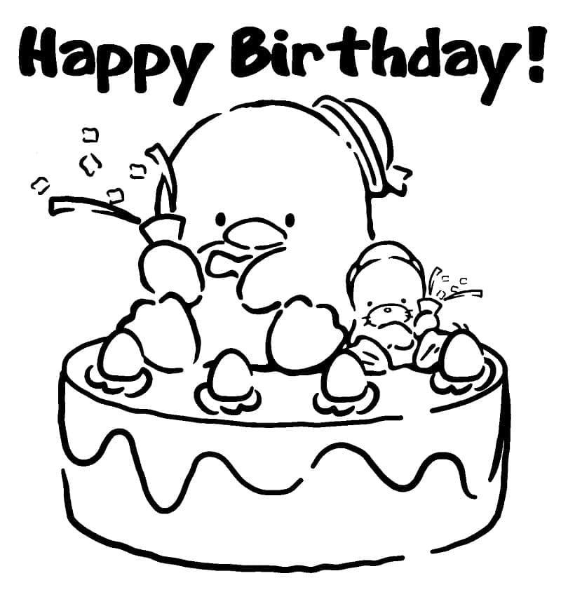 Desenho de Tuxedo Sam e Bolo de Aniversário para Colorir