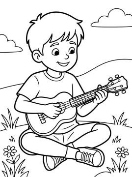 Desenho de Um Menino Toca Ukulele para Colorir