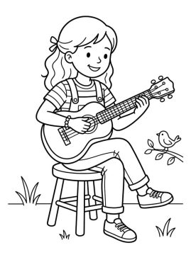 Desenho de Uma Menina Sentada na Cadeira Tocando Ukulele para Colorir