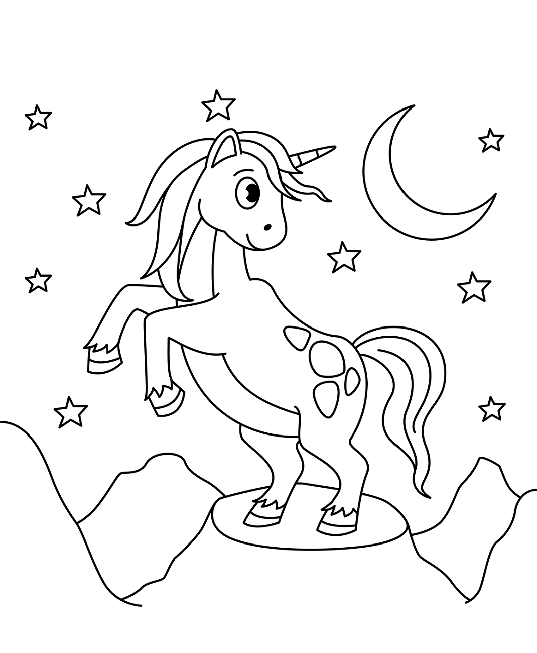 Desenho de Incrível Unicórnio Passeando nas Montanhas a Noite para Colorir