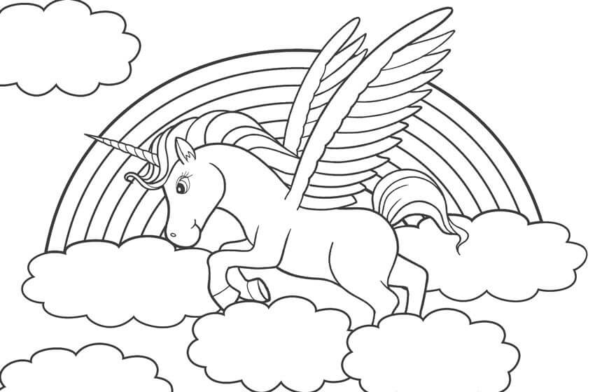 Desenho de Lindo Unicórnio Alado Cavalgando nas Nuvens para Colorir