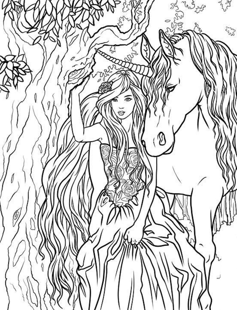 Desenho de Princesa com Unicórnio na Floresta para Baixar e Pintar