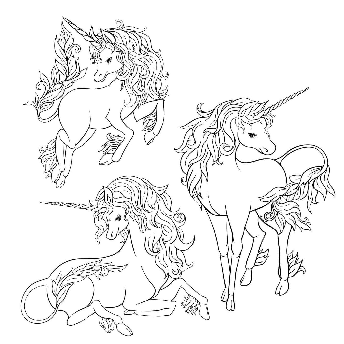 Desenho de Três Unicórnios para Colorir