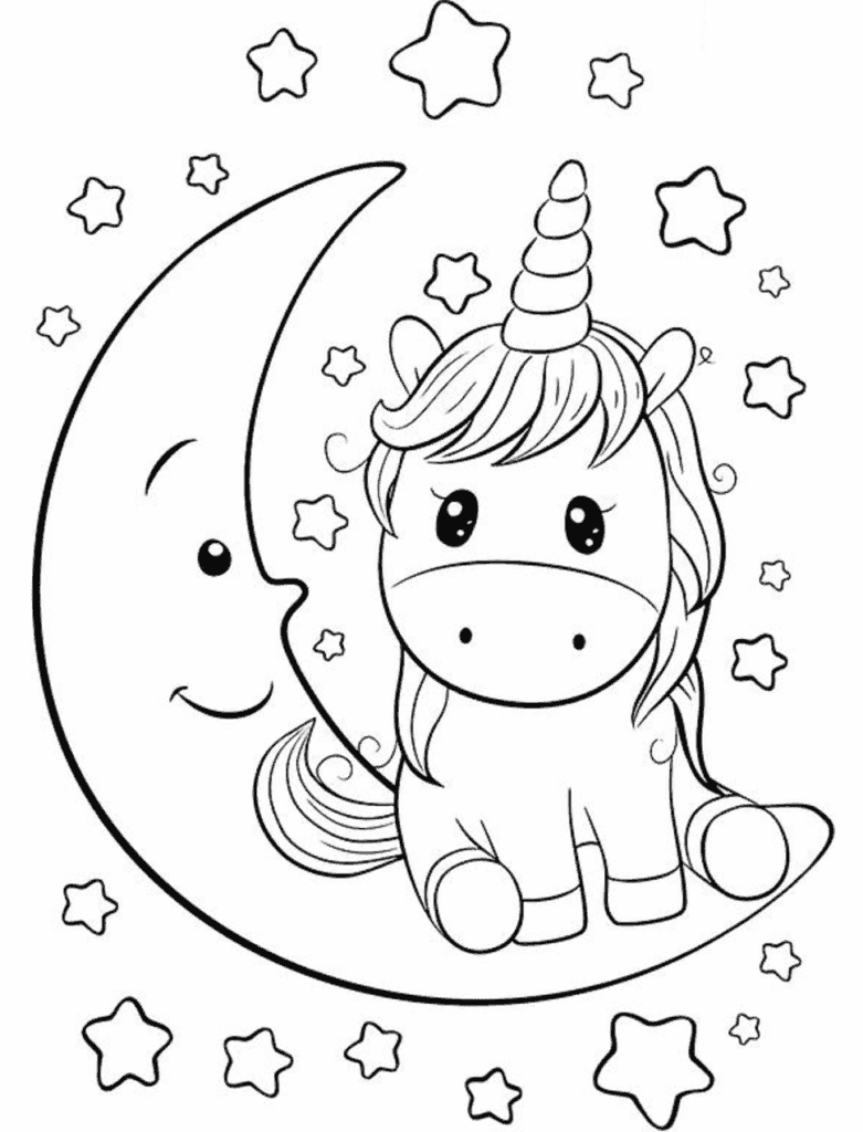 Desenho de Unicórnio Adorável Sentado em Lua para Colorir