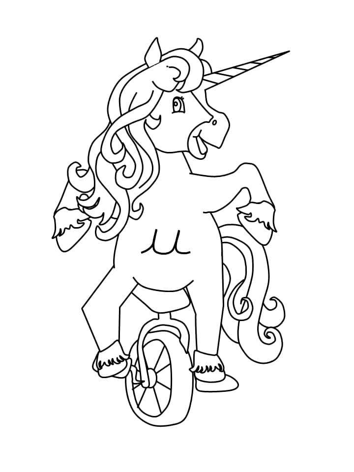 Desenho de Unicórnio Kawaii em Monociclo para Colorir Grátis Pdf