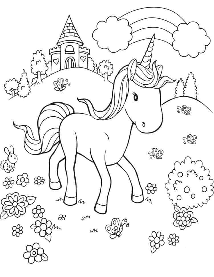 Desenho de Unicórnio no Jardim do Castelo de Arco Íris para Colorir Grátis