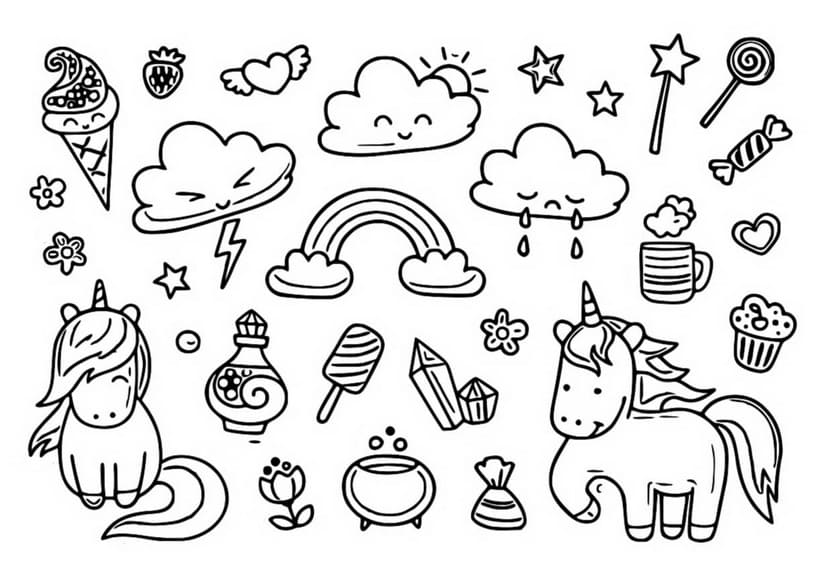 Desenho Grátis de Unicórnio e Acessórios para Pintar Online