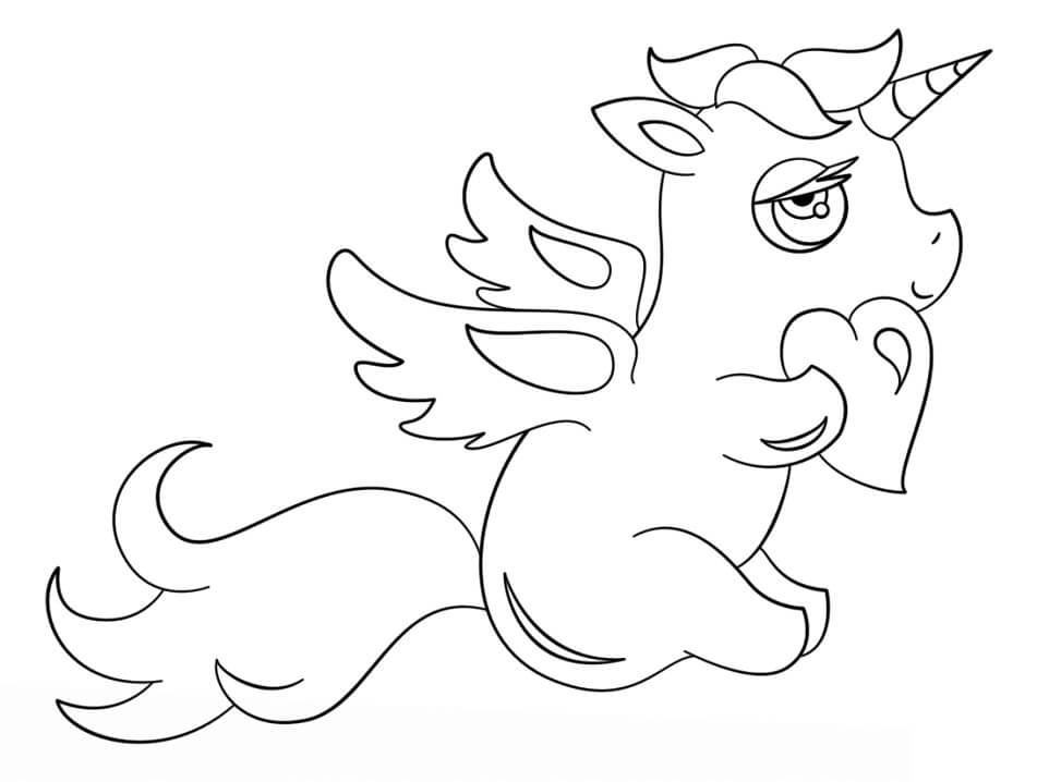 Desenho Grátis de Unicórnio Segurando Coração para Pintar