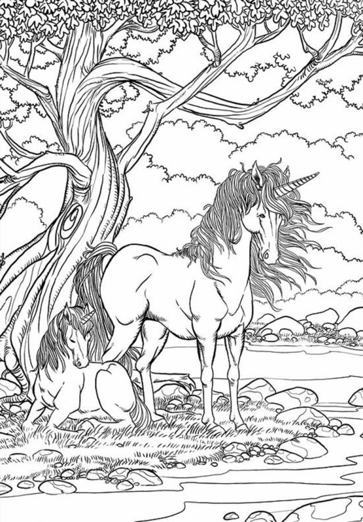 Desenho Incrível de Ilustração de Dois Unicórnio Realistas para Colorir