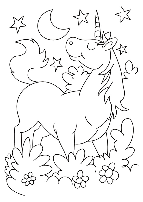Desenho Pdf de Unicórnio Karkadann no Jardim a Noite para Imprimir e Colorir