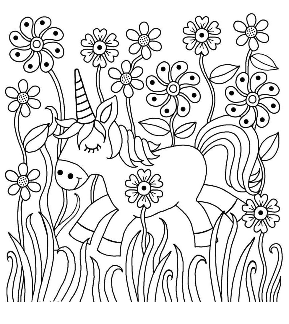 Desenho Simples de Unicórnio Brincando no Jardim de Flores para Pintar