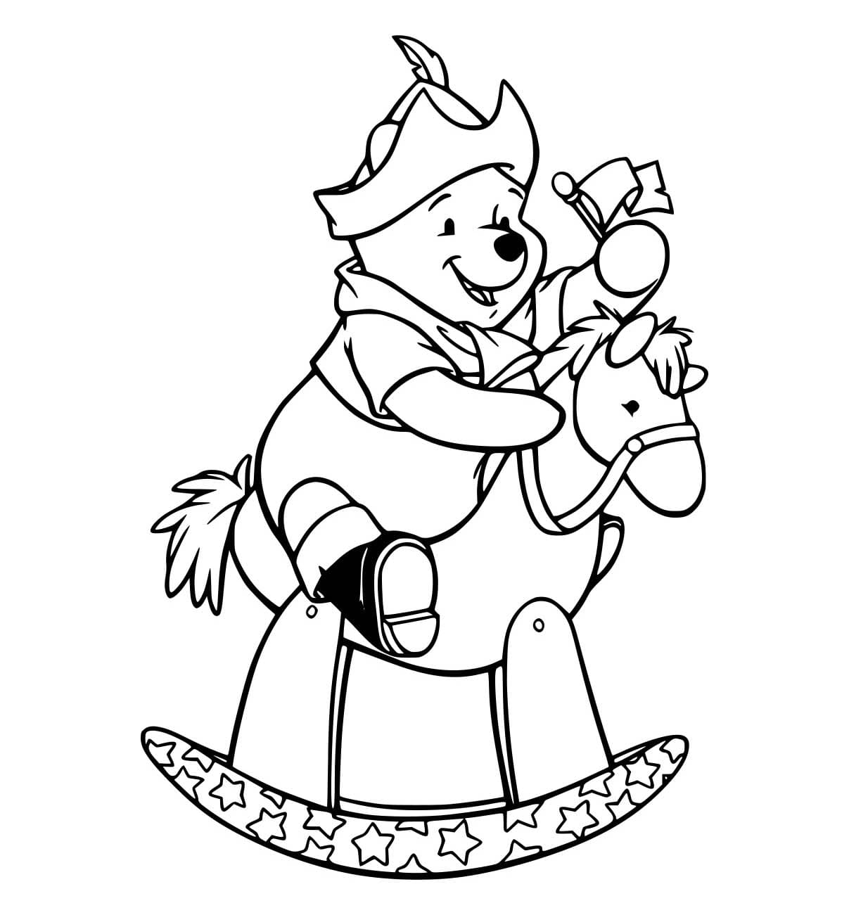 Desenho de Pooh Brincando Cavalo Madeira para Colorir