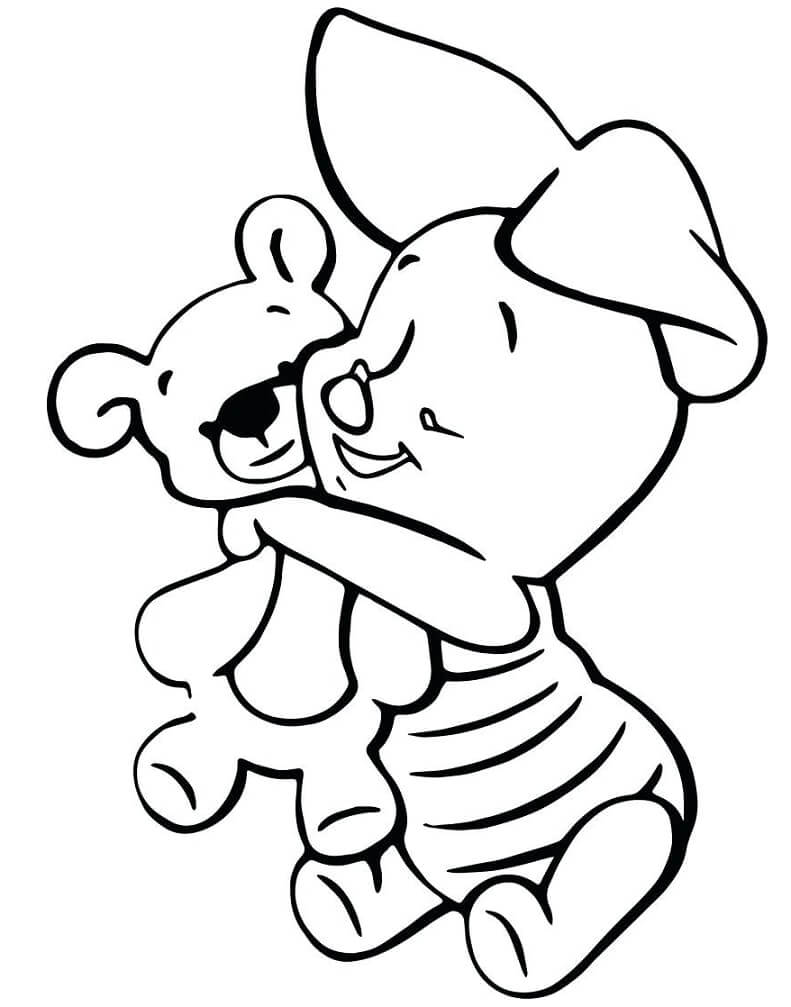 Desenho de Leitão Abraçando Seu Ursinho de Pelúcia para Colorir