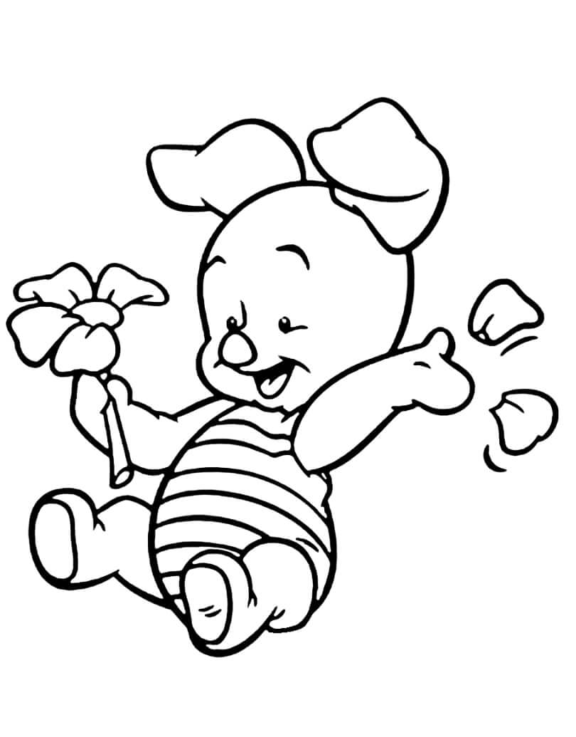 Desenho de Leitão com Flor Ursinho Pooh para Colorir