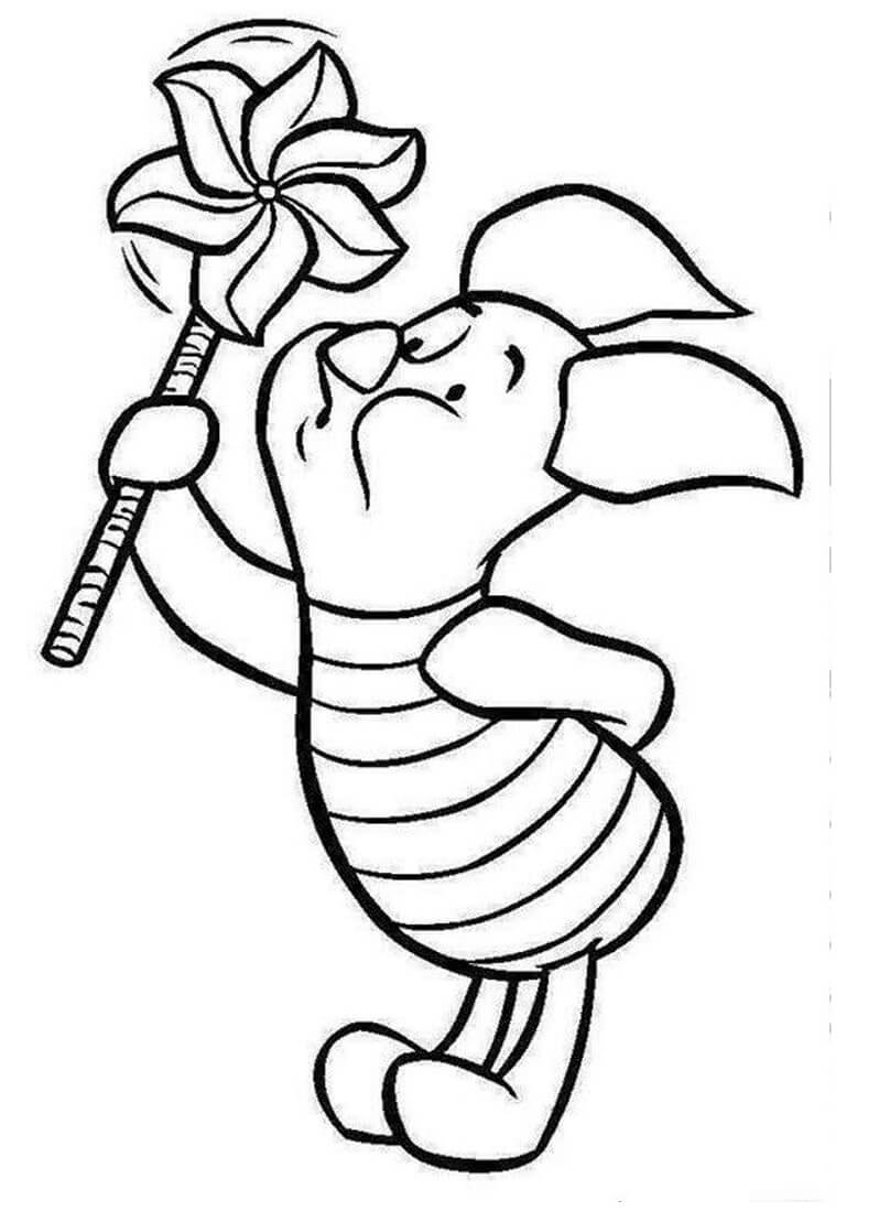 Desenho de Leitão Ursinho Pooh Brincand com Catavendo de Papel para Colorir
