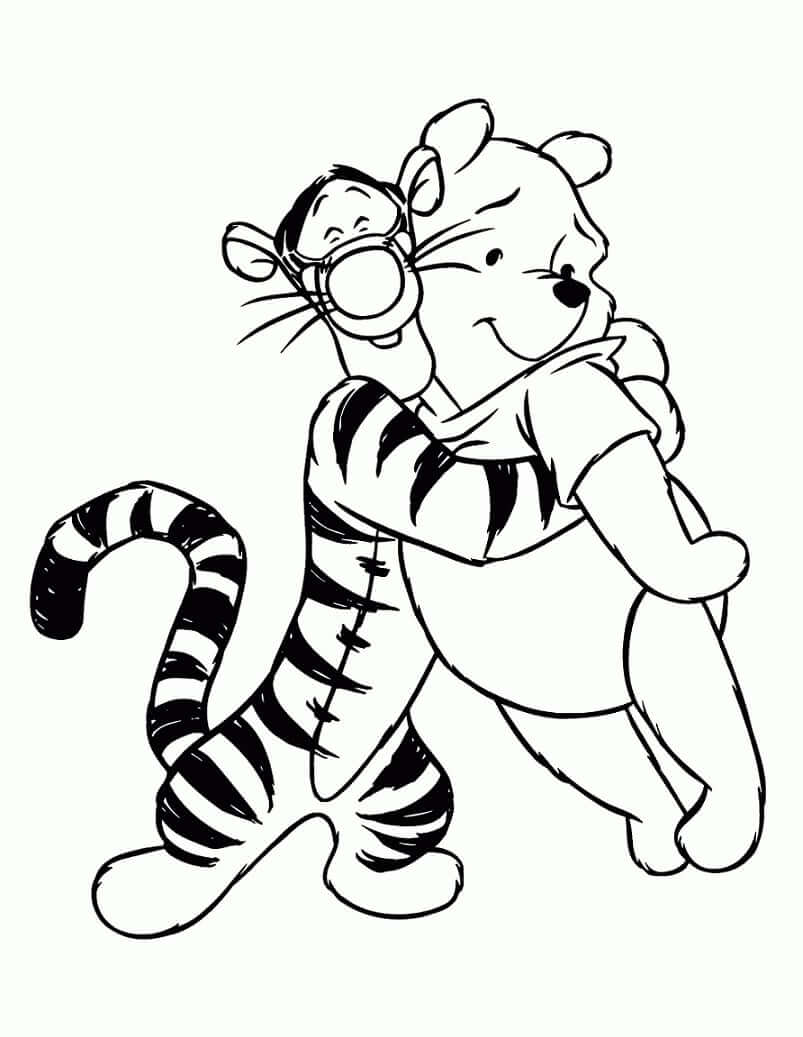 Desenho de Trigrao Abraçando Ursinho Pooh para Colorir