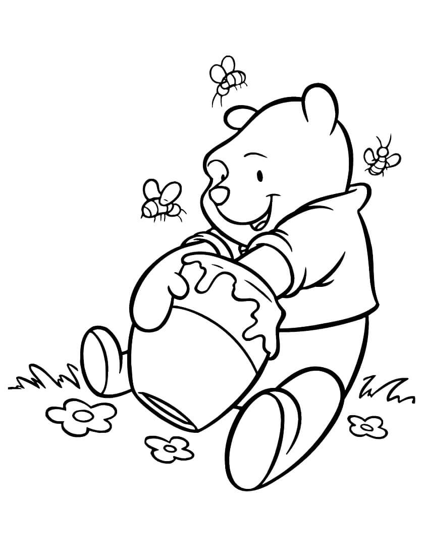 Desenho de Ursinho Pooh Comendo Mel para Colorir