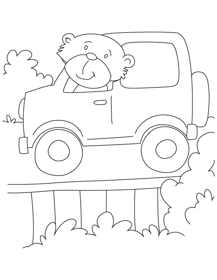 Desenho de Urso Dirigindo Jeep na Floresta para Colorir